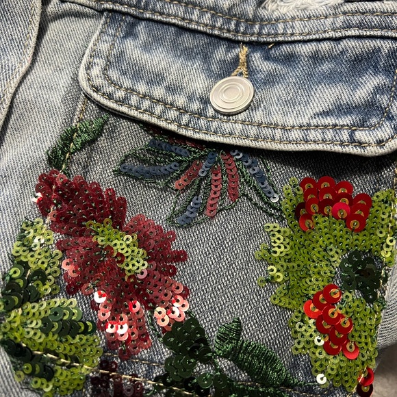 VEVERET gorgeous jean jacket sheer sequin back distressed detail size S M L - Picture 7 of 9